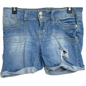 WALLFLOWER Shorts Women Junior Size 9 Blue Denim Stretch Cotton Blend Distressed